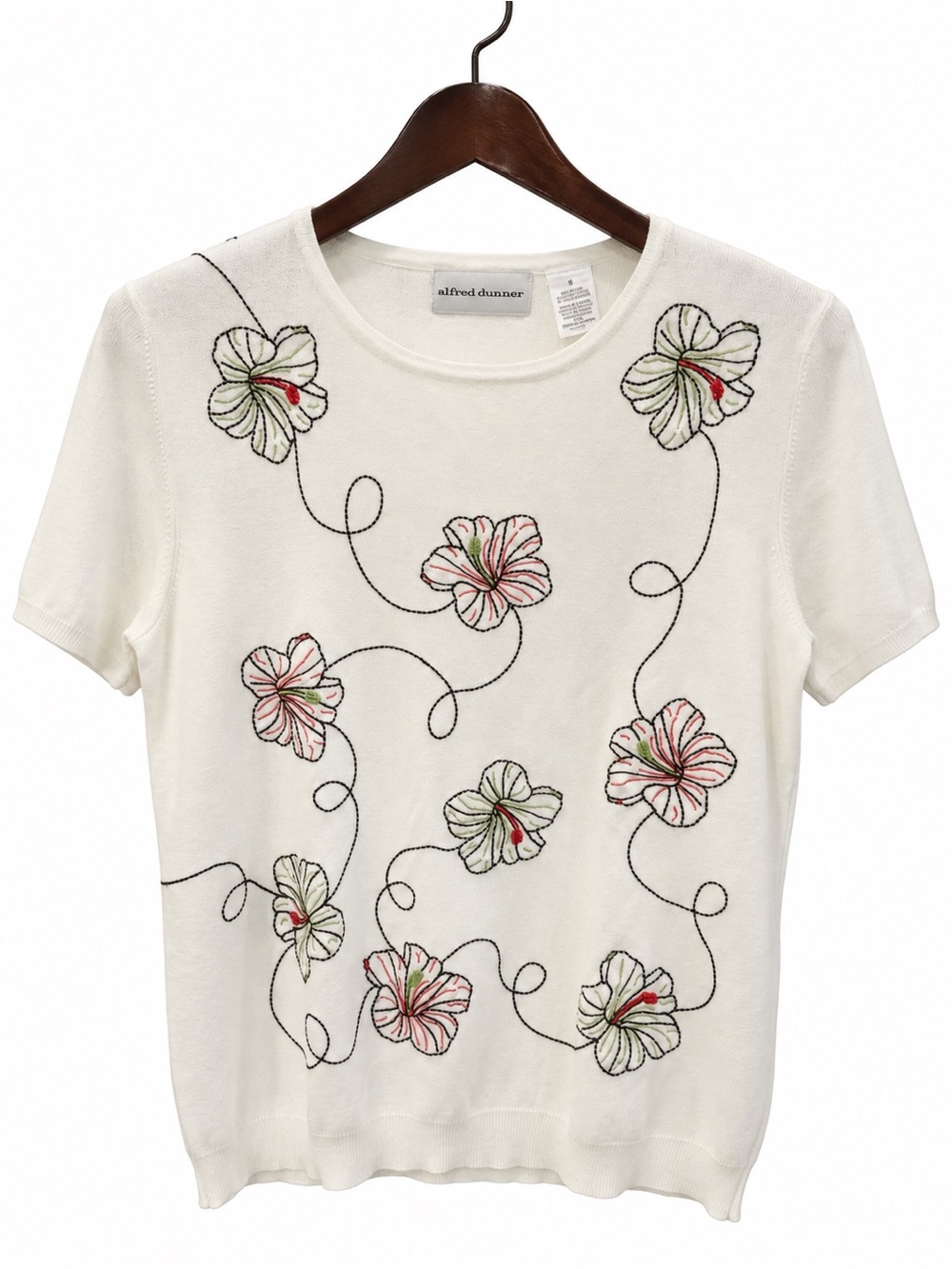Alfred Dunner Cream Short-Sleeve Top with Pink & Green Floral Beaded Embroidery